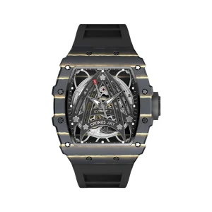 44MM Men’s Tonneau Mechanical Watch Carbon Fiber Black Case Paired with a Rubber Strap
