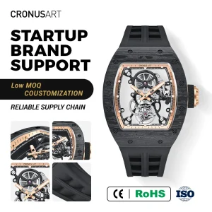 44mm Limited Edition Tourbillon Men’s Mechanical Watch Carbon Fiber Tonneau Case Black Rubber Strap Sporty Hip Hop Style