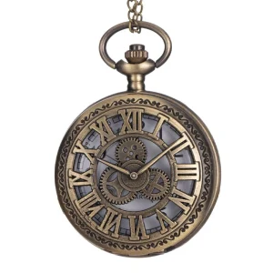 47mm Diameter Alloy Case Flip Cover European American Antique Pocket Watch Roman Numeral Gear Necklace Decorated Quartz Watch