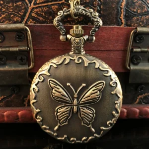 47mm Vintage Antique Style Bronze Butterfly Embossed Quartz Movement Pocket Watch White Dial Elegant Timepiece