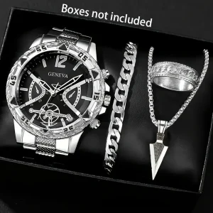 4PCS Men’s Business Watches Bracelet Necklaces Set, Arabic Dial Quartz Wristwatch