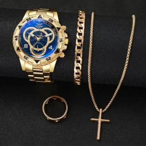 4PCS Men’s Watch Set Business Classic Round Dial Quartz Watch Bracelet Necklace Set