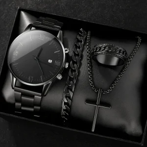 4pcs Men’s Fashion Black Steel Band Quartz Watches with Calendar Business and Wedding Jewelry Set Men’s Relogio Masculino