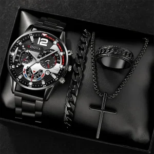 4pcs set Alloy Iced Out Cuban Chain Bracelet Hip Hop Cross Pendant Necklace Rings Watch Jewelry Set for Men