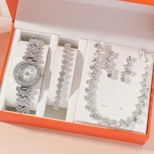 4pcs/set Fashion Roma Dial Women’s Watch Full Diamond Steel Band Quartz Watches & Rhinestone Jewelry Sets (WT2295)