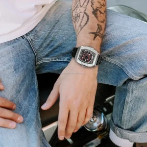 50Mm Water Resistant 3Atm Stainless Steel Miyota Mechanical Men’s Sports Skeleton Watch with Crystal Dial and Silicone Band