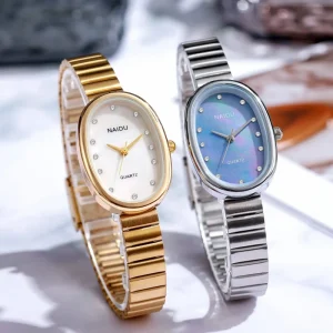 583 Oval Lady’s Watch Women’s Fashion Steel Band with Diamond MOP Dial Student Simple Quartz Watch