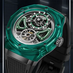 5ATM Waterproof Crystal Glass Case Mechanical Watch Luxury Skeleton Men Automatic Watch