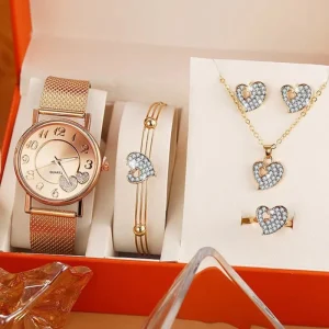 5PCS Set Antique Alloy Fashion Women Quartz Watch with Diamond Heart Design 20mm Plastic Band Glass Dial