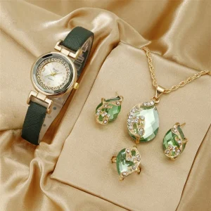 5PCS Women’s Minimalist Quartz Watches Diamond Inlay 30mm Dial Stainless Steel Band Three Piece Jewelry Set