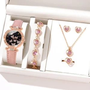 5PCS Women’s Watch Set Butterfly Ring Necklace Earrings Diamond Heart Casual Bracelet Set