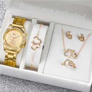 5PCS Women’s Watch Set Double Love Water Diamond Alloy Jewelry Inlaid Diamond Watch