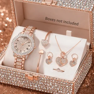 5Pc Women’s Watch Alloy Heart Shape Diamond Jewelry Set for Party Wear Gift
