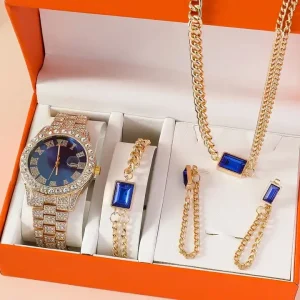 5Pcs Watches with Jewelry Rhinestone Women Wristwatch Quartz Watch for Girl Ladies Clock