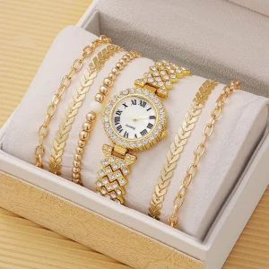 5pcs Bracelet Women’s Watch Stainless Steel Luxury Diamond Quartz Wristwatch