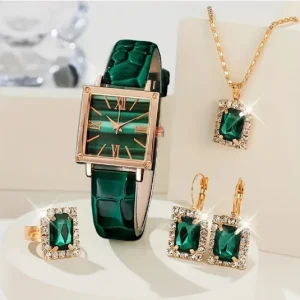 5pcs Set Elegant Women’s Square Quartz Watches with Exquisite Jewelry Valentine’s Day Gift N2604193
