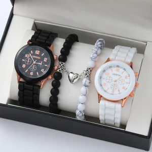 5pcs/set Women’s Casual Quartz Watch Bracelet Gift Set Analog Silicone Band for Couple Women Men