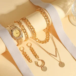 6 Pieces Women’s Diamond-studded Watches Steel Bracelet Women’s Quartz Watch Bracelet Set