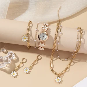 6 piece Women’s Watch Gift Set Stylish Floral Bottom Oil Chain Quartz Watch Versatile Daisy Set