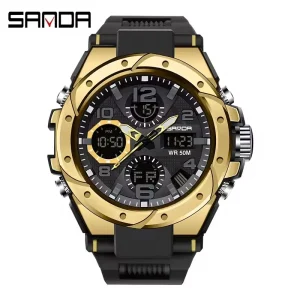 6008 Casual Men’s Sport Digital Wristwatch Dual Display Stainless Steel Case 50M Water Resistance Waterproof Watch