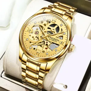 6018 Business Luminous Pointer Watch Gold Automatic Watch Men Stainless Steel Strap Skeleton Mechanical Watch