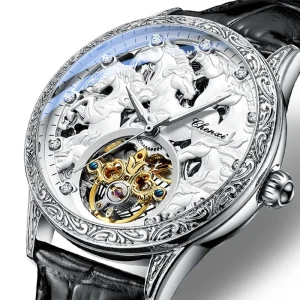 6029 Men’s Leather Glass Fully Automatic Hollowed Luminous Waterproof Flywheel Watch