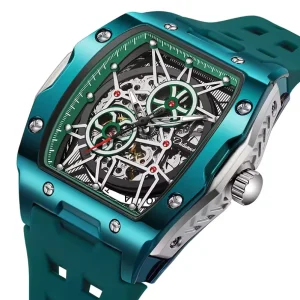 6047A Men’s Skeleton Mechanical Automatic Watch Alarm Pointer Dial Metal Case 3BAR Waterproof Rubber Band 40.5mm