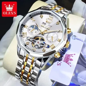 6620 Automatic Men’s Watch Stainless Steel Strap Moon Phase Dual Calendar Skeleton Hollow Mechanical Wrist Watch