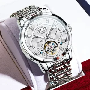 6701 Men’s Watch Dual Calendar Waterproof Skeleton Tourbillon Automatic Luminous Stainless Steel