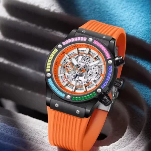 6841 Automatic Movement for Men Skeleton Hollow Out Fashion Colorful Decorative Diamond Dial Mechanical Watch