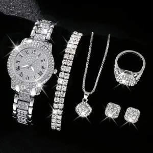 情人节礼品6PCS套装女性奢华时尚全水钻石英表项链手链戒指女性饰品套装