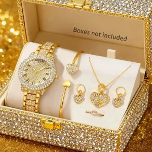 6PCS Luxury Rhinestone Women Watches Heart Jewelry Set Ladies Roma Dial Quartz Wristwatch Reloj Mujer Girls Clock (Without Box)