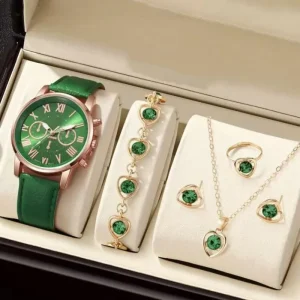 6PCS Set Fashion Women’s Quartz Watch PU Leather Band Analog Wrist Watches Heart Rhinestone Jewelry Set (Without Box)