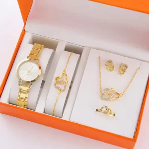 6PCS Set Simple Scale Dial Women’s Watch Gold Alloy Band Quartz Watch Jewelry Set (Without Box)