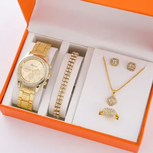 6PCS Set Women’s Watch Rhinestone Stainless Steel Band Quartz Watch Jewelry Set (Without Box)