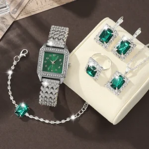 6PCS Women’s Luxury Elegant Square Alloy Quartz Watch with Rhinestone Bracelet 16mm Band Antique Fashion Style Ladies Gift