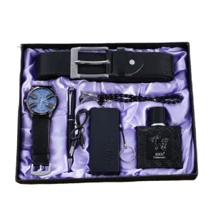 6cs Set Gift Box Steel Belt Watch + Pen + Necklace + Belt + Perfume + Power Bank Gift Set for Grooms Men