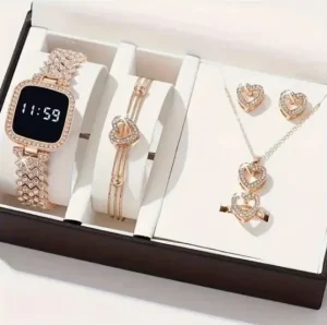 6pcs Set Women’s Watch Set Quartz Alloy Stainless Steel Band Pointer Instagram Style Niche Fashion Bracelet Ring Earrings