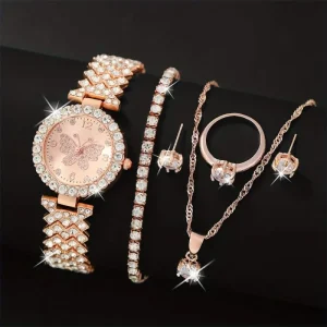 6pcs Women’s Jewelry Set Rose Gold Luxury Alloy & Glass Watch Ring Necklace Earring Rhinestone Fashion Casual