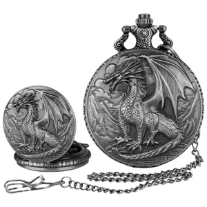 7 Piece Polyhedral Metal D&D Dice Set with Luxury Dragon Ornament and Pocket Watch Case Eco Friendly Modern Multicolor