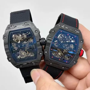 7.8 mm Black Warrior Style Skeleton Automatic Watch Carbon Fiber Tonneau Case Fabric Strap Men Sports Wristwatch
