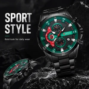 8402 Men Chronograph Quartz Watch with Stainless Steel Band Luminous Dial Fashion Sport Water Resistant for Daily Use
