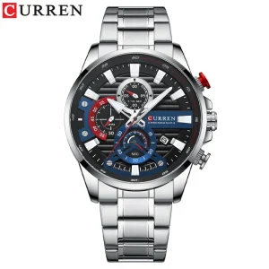 8415 Sports Casual Quartz Chronograph Alloy Case Glass Dial Leather Strap Men’s Watch Auto Date 3BAR Water