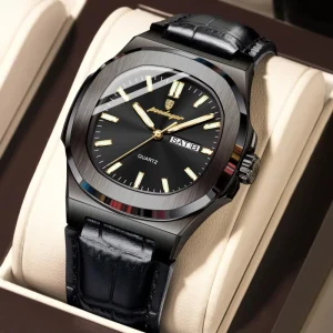 853 Men’s Luminous Water Resistant Calendar Leather Band Quartz Wristwatch Square Dial