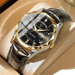 858 Quartz Men’s Watch Luxury Fashion Waterproof Dual Calendar Wristwatch Luminous Leather Watch for Business