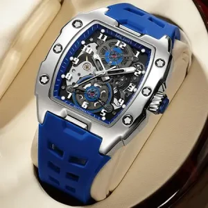 8602 Automatic Men Hollow Out Watches Waterproof Mechanical Men’s Wristwatch Rubber Tonneau Big Dial Night Light Watch