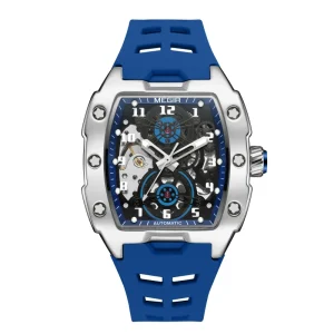 8602 Luxury Barrel Shaped Men’s Watches Automatic Hollow Mechanical Watch Blue Silicon Fashionable Watch