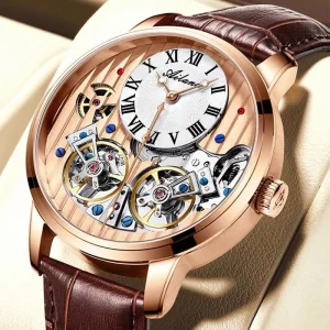 8821B Men’s Automatic Luminous Black Leather Strap Mechanical Watch Double Tourbillon Waterproof Analog Display