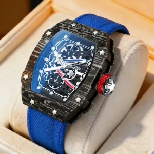 9.5mm Tonneau Wristwatch Carbon Fiber Sapphire Mirror Luminous Skeleton Dial