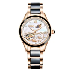 9071 Luminous Automatic Women Mechanical Watch Ceramic Design Stainless Steel Band Waterproof Outdoor Wristwatch